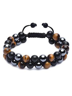 Mens Tiger Eye Obsidian Hematite Beaded Bracelet Adjustable Healing Stones